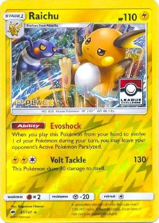 Raichu - 41/147 (League Challenge) [1st Place] (41) [League & Championship Cards] Reverse Holofoil - Deck Out Gaming