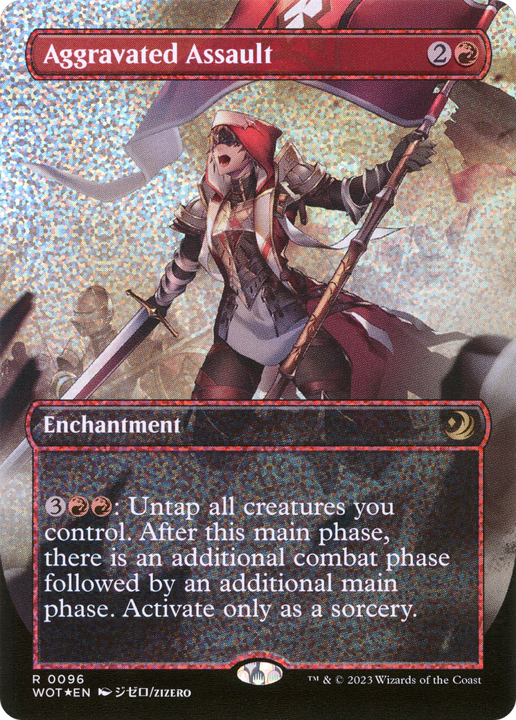 Aggravated Assault (Anime Borderless) (Confetti Foil) (96) [Wilds of Eldraine: Enchanting Tales] foil - Deck Out Gaming