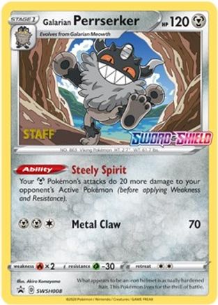 Galarian Perrserker - SWSH008 (Prerelease) [Staff] (SWSH008) [SWSH: Sword & Shield Promo Cards] Holofoil - Deck Out Gaming
