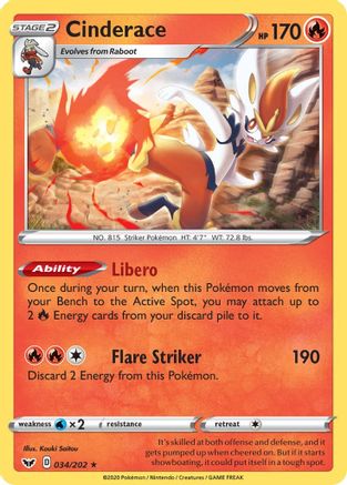 Cinderace (034) (34) [SWSH01: Sword & Shield Base Set] Reverse Holofoil - Deck Out Gaming