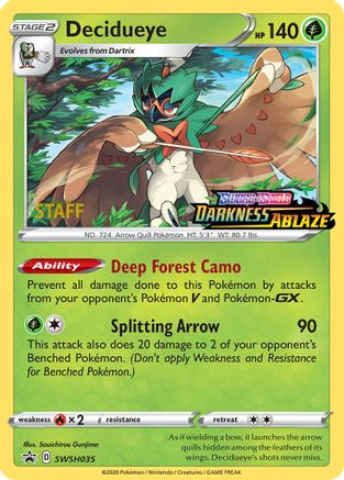 Decidueye - SWSH035 (Prerelease) [Staff] (SWSH035) [SWSH: Sword & Shield Promo Cards] Holofoil - Deck Out Gaming