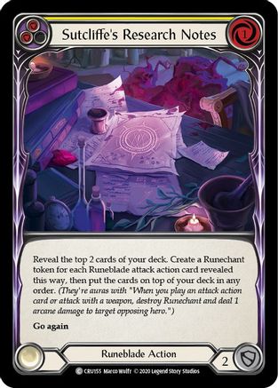 Sutcliffe's Research Notes (Yellow) (CRU155) [Crucible of War] Unlimited Edition Rainbow Foil - Deck Out Gaming