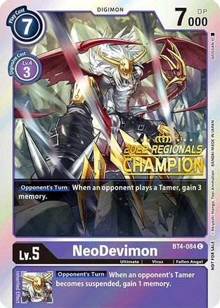 NeoDevimon (2022 Championship Online Regional) [Online Champion] (BT4-084) [Great Legend] Foil - Deck Out Gaming