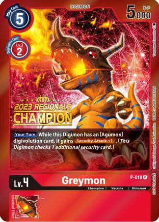 Greymon - P-010 (2023 Regionals Champion) (P-010) [Digimon Promotion Cards] Foil - Deck Out Gaming