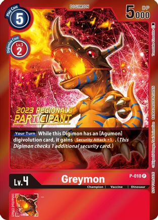 Greymon - P-010 (2023 Regionals Participant) (P-010) [Digimon Promotion Cards] Foil - Deck Out Gaming