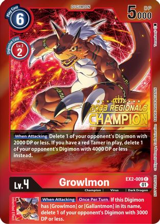 Growlmon (2023 Regionals Champion) (EX2-009) [Digital Hazard] Foil - Deck Out Gaming