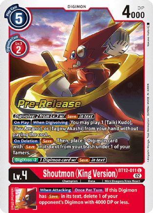 Shoutmon (King Version) (BT12-011) [Across Time Pre-Release Cards] Foil - Deck Out Gaming