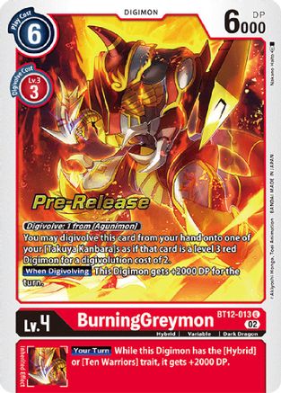 BurningGreymon (BT12-013) [Across Time Pre-Release Cards] Foil - Deck Out Gaming