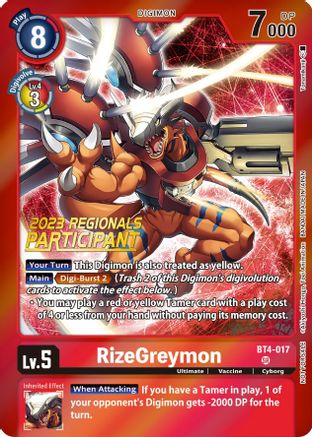 RizeGreymon (2023 Regionals Participant) (BT4-017) [Great Legend] Foil - Deck Out Gaming