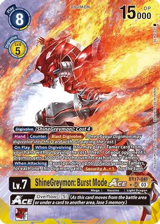 ShineGreymon: Burst Mode ACE (Alternate Art) (BT17-041) [Secret Crisis] Foil - Deck Out Gaming