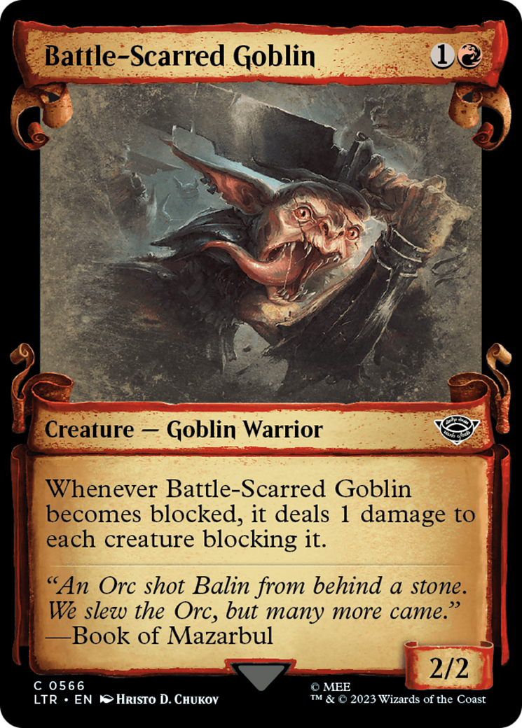 Battle-Scarred Goblin (Showcase Scrolls) (566) [The Lord of the Rings: Tales of Middle-earth] - Deck Out Gaming