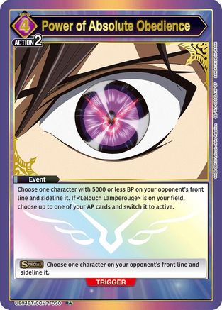 Power of Absolute Obedience (R*) (UE04BT/CGH-1-030) [Code Geass: Lelouch of the Rebellion] Foil - Deck Out Gaming