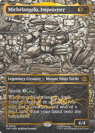 Michelangelo, Improviser (Borderless) (Gold-Stamped Signature) (304) [Teenage Mutant Ninja Turtles] foil - Deck Out Gaming