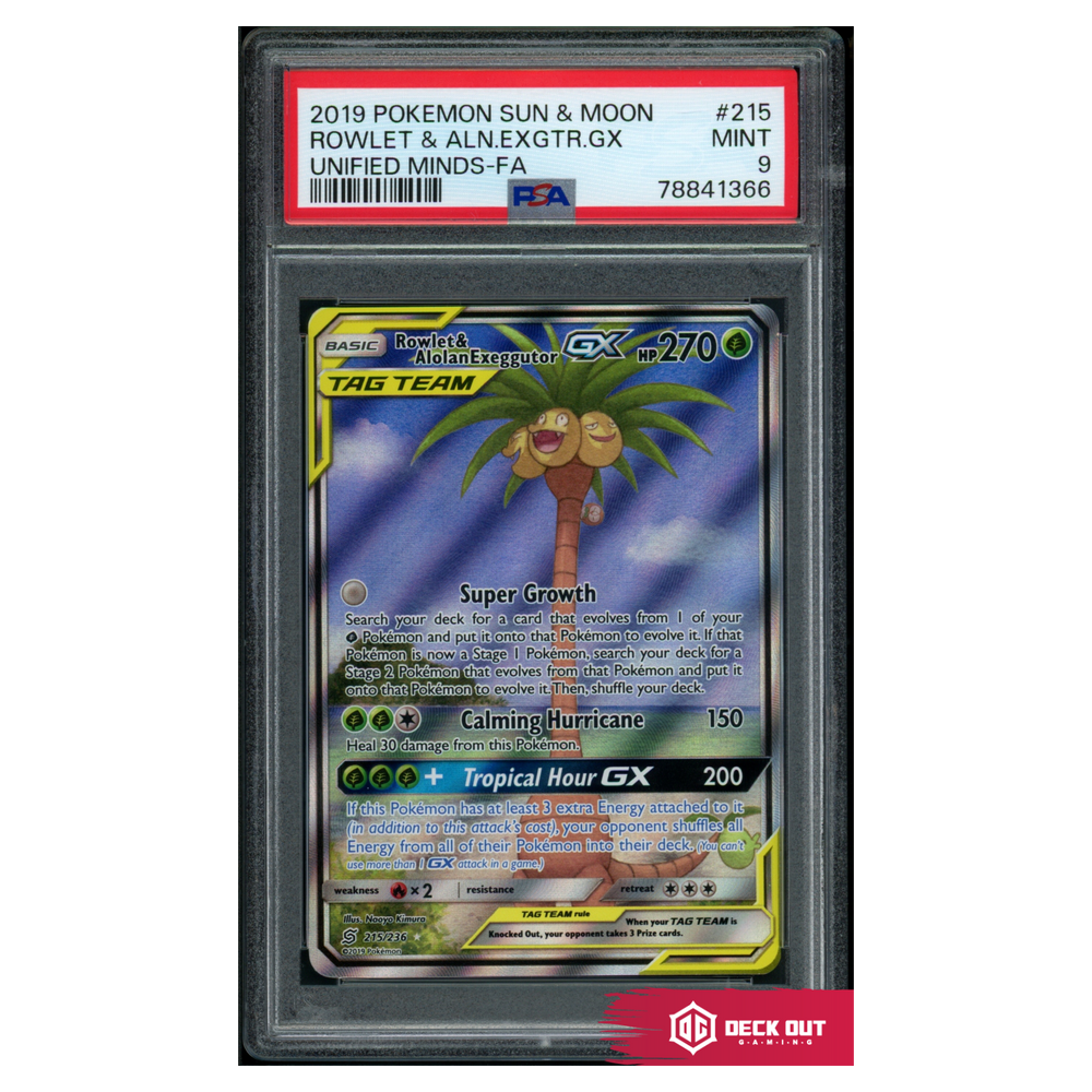 Rowlet & Alolan Exeggutor GX - Unified Minds - 215 - PSA 9 - 78841366 - Deck Out Gaming