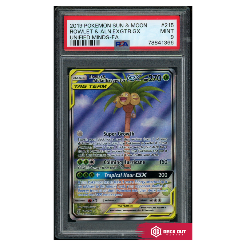 Rowlet & Alolan Exeggutor GX - Unified Minds - 215 - PSA 9 - 78841366 - Deck Out Gaming