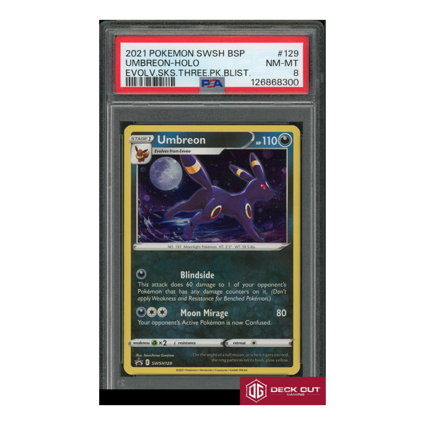 Umbreon Holo - Evolv Sks Three PK Blist - 2021 Pokemon SWSH BSP - 129 - PSA 8 - 126868300 - Deck Out Gaming