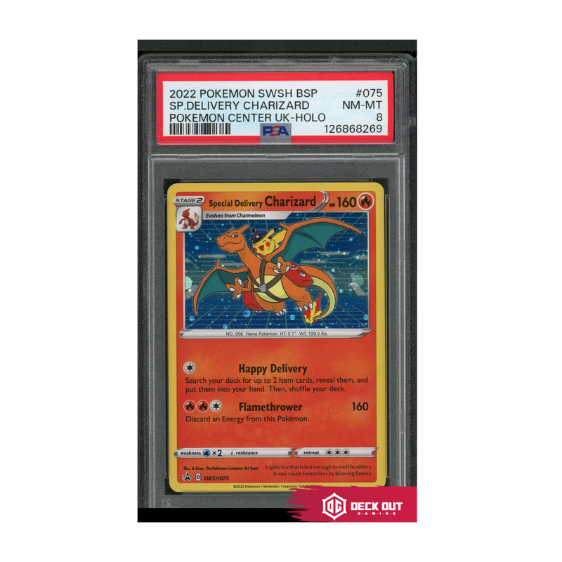 SP. Delivery Charizard - Pokemon Center UK-HOLO - 2022 Pokemon SWSH BSP - 075 - PSA 8 - 126868269 - Deck Out Gaming