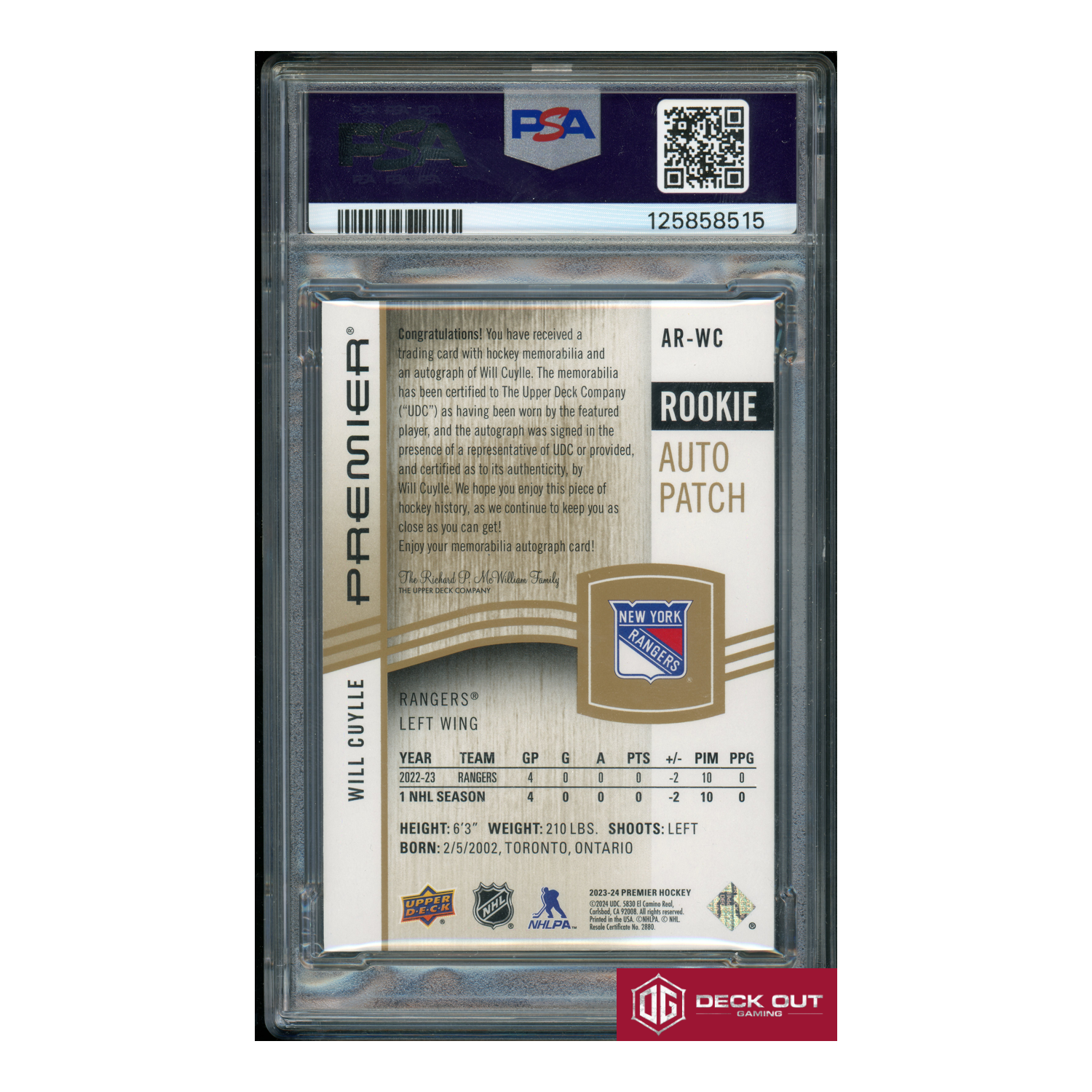 Will Cuylle - Acetate Rookie Auto Patch Gold - 62/65 - ARWC - PSA 8 - 125858515-2