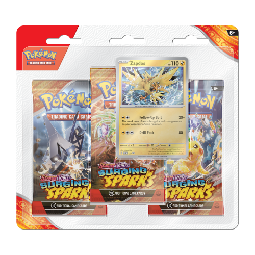 Pokemon SV Surging Sparks 3-Pack Blister - Zapdos (Pre-Order Ships November 8 2024) - Deck Out Gaming