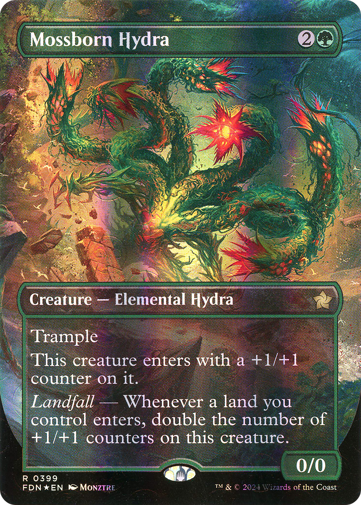Mossborn Hydra (Borderless) (Mana Foil) (399) [Foundations] foil - Deck Out Gaming