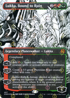 Lukka, Bound to Ruin (Borderless) (Step-And-Compleat Foil) (467) [Phyrexia: All Will Be One] foil - Deck Out Gaming