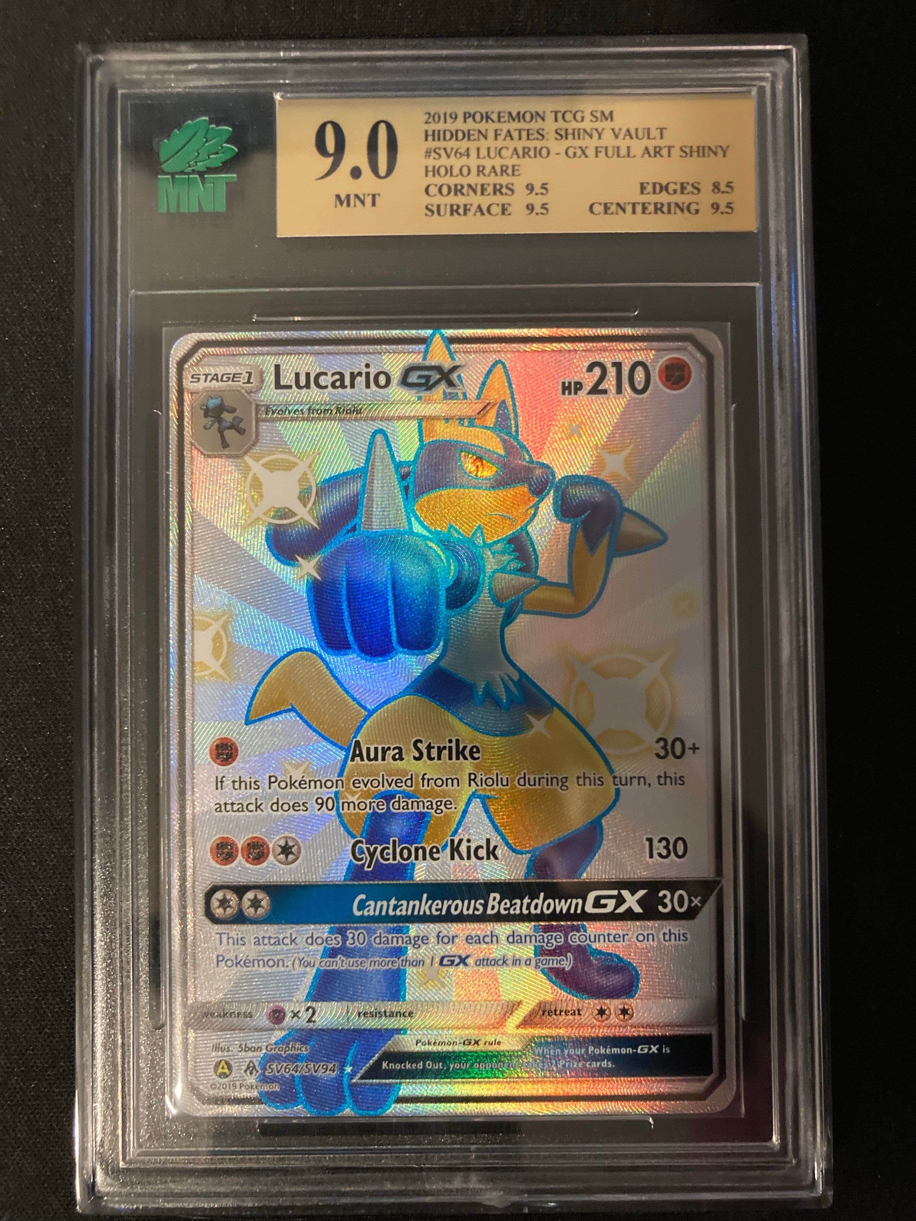 Lucario GX - Hidden Fates Shiny Vault - SV64 - MNT 9.0 (9.5/9.5/8.5/9.5) - Deck Out Gaming